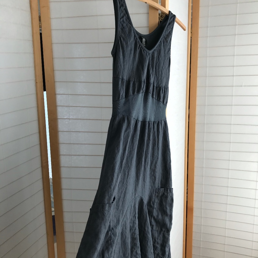 sz L Oizini grey linen lagenlook fit flare dress